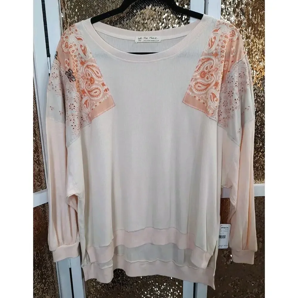 We the Free Feelin It Tee in Peach Floral Embroidered Size Small Oversized